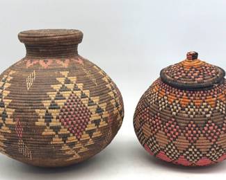 Pair of traditional handwoven lidded Zulu baskets