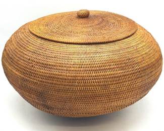 Large Native American woven lidded coil basket