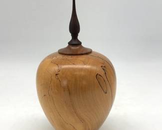 Handmade turned wood urn with ornate finial signed "David Bushman” (Richmond, VA)