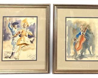 Two framed watercolor sketches signed illegibly, possibly "G. Chavant", of Cellist and Bolshoi Ballet dancers