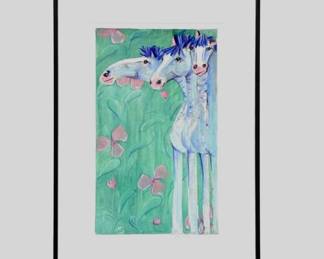 Framed mixed media on paper "Blue Horses" by Marsha Heatwole 1990 (Lexington, Virginia b.1953)