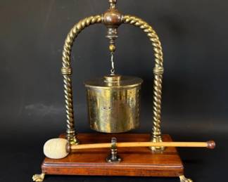English brass gong on wood stand