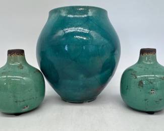 Trio of aqua crackle glaze pottery vases
