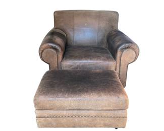 Distressed deep taupe leather chair and ottoman