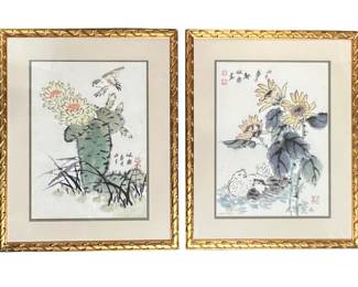Framed pair of Chinese dry-brushed floral and bird paintings by Pui Lan Cockman (Hong Kong, b.1954)