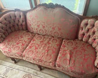 Victorian Style Settee with Red & Gold Damask Upholstery
