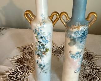 Pair of Leonard Vienna Hand Painted Floral Porcelain Bud Vases