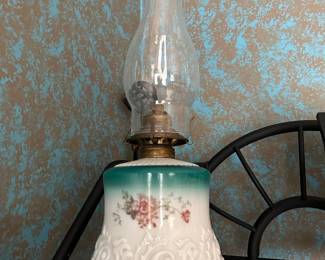 Floral Hand Painted Scrolled Milk Glass Oil Lamp