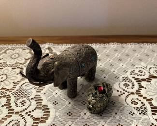 Hammered Silver Plated Inlaid Gemstone Elephant Figurine, Antique Brass Tone Filigree Gemstone Trinket Box