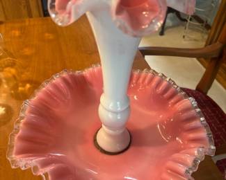 Milk Glass Pink Crest Epergne Vase