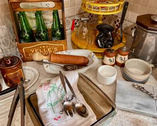 Stoneware Cheese Crocks, Yelle's Brewery Beer Caddy, Mid Century Metal Ice Box with Wood Lid