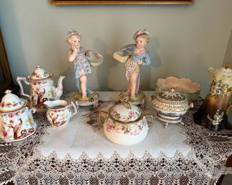 Whieldon Ware By F. Winkle Co. 3-Piece Tea Set,  Early 20th-Century Floral Painted Porcelain Sugar Bowl, Porcelain Lidded Soup/Sauce Tureen, Pair of Circa 1900s Bisque Girls with Baskets Figurines 