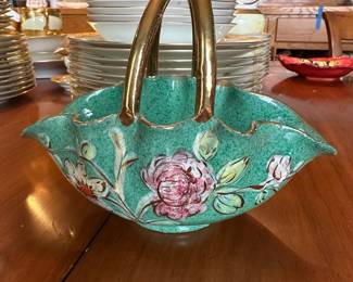 Italian Pottery Hand Painted Floral Gold Accents Basket