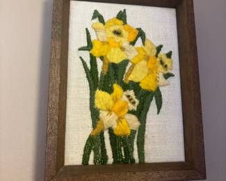 Framed Yellow Daffodil Crewel Needlepoint