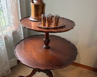 Two-Tier Scalloped Dumbwaiter Side Table, 19th Century Hammered Copper Ewer, Hand Tooled Copper Over Glass Liqueur Cordial Glasses & Tray Set