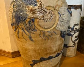 Large Relief Raised Pottery Asian Style Dragon Floor Vase