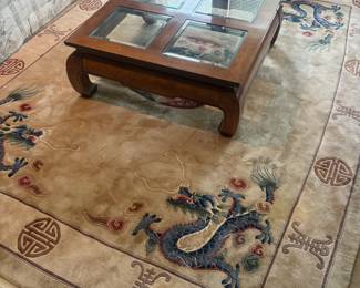 Ming Style 4-Panel Glass Top Coffee Table, Dragon Motif Chinese Art Deco Area Rug