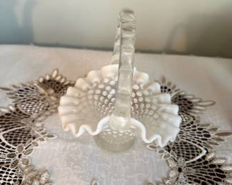 White Opalescent Hobnail Basket