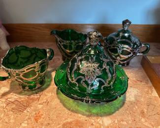 Dugan Glass Emerald Green and Gold Maple Leaf Sugar Bowls, Creamer, & Butter Dish