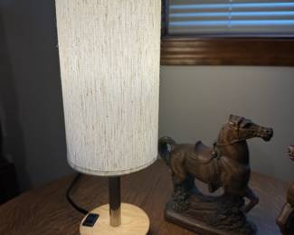 Touch Desk Lamp with Cream Fabric Shade, Western Syroco Wood Horse Bookends