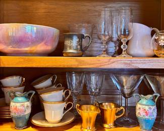 Coronet Art Pottery Pink Luster Glaze Bowl, Manhattan Silver Plate Co. Quadruple Plate Floral Eteched Mug, Radnor Bone China Floral Figurine, Pickard Gold Gilt Porcelain Sugar & Creamer Set