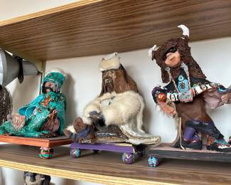 Pottery Chinese Warrior Sculpture with Wooden Base, Pottery Alaskan Eskimo&nbsp;Sculpture with Wood Base, Pottery Kachina Doll Sculpture with Wood Base