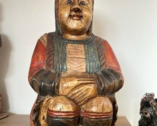 Hand Carved Wood Asian Seated Girl Sculpture