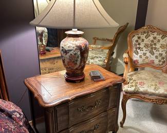 Satsuma Porcelain Table Lamp, French Provincial Style Double Drawer Night Stand