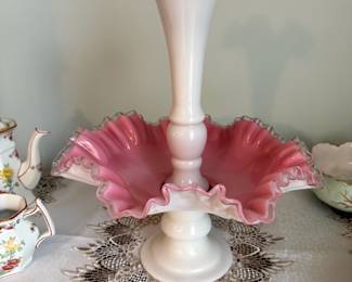 Milk Glass Pink Crest Epergne Vase