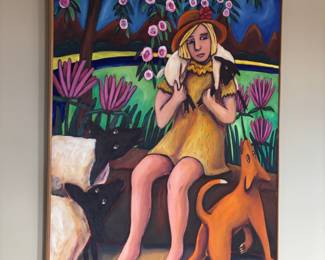 Framed Oil Painting "Girl with Lambs and Dog in Garden" by Cheri O'Brien