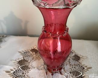 Victorian Cranberry Glass Vase with Frill Top