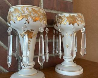 Pair of Czech White & Gold Mantle Lusters