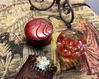 Ucagco Japan Red & Clear Art Glass Paperweight, 1920s Art Deco Carved Bakelite&nbsp;"Celestial Birds" Trinket Box, Victorian Hand Painted Hair Comb