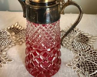 Early American Pattern Glass Cranberry Red Cut-to-Clear Syrup Pitcher
