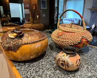 Decorative Lidded Gourd Bowl, Woven Straw Snake Charmer Basket