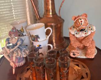 Made in Italy for Gumps Porcelain Ballerina Figurine, 19th Century Hammered Copper Ewer, Hand Tooled Copper Over Glass Liqueur Cordial Glasses & Tray Set