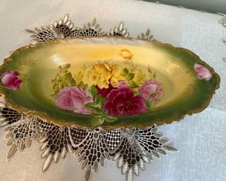 Floral Hand Painted Serving Platter with Gold Trim