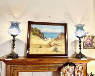 Beautiful Blue Iridescent Etched Globe Lamps with Brass Base