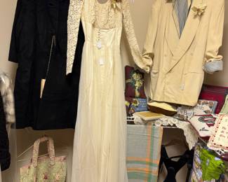 Vintage WEDDING DRESS and gentleman's SUIT Jacket and Shirt with original corsages