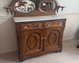 Antique Tiger Oak Buffet with Marble Top and Two Mirrors