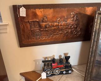 Vintage Copper Train Wall Hanging and an old Cast Iron Train Door Stop 
