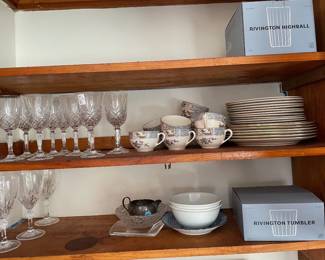 vintage Ming pattern china set and cups, crystal stemware