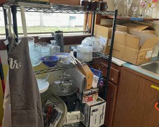 kitchen items, west elm glasses new in box, vintage dishes and mugs