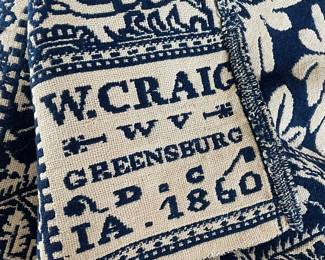antique W.Craig blue and white jacquard coverlet
