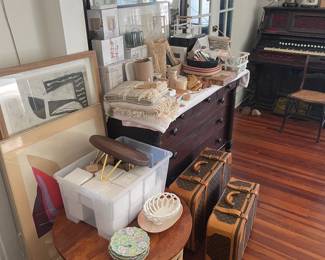 Framed artwork, vintage rattan rund coffee table, retail nwt clearance,