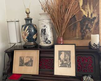 lamps, etchings, art, pump organ