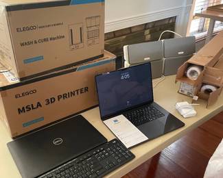 Dell laptop computer (Inspiron 15, 3000 series), SONOS speakers set, MacBook Pro Laptop 16-inch, (ELEGOO 3D Printer (Mars 4 9k like new still in box), ELEGOO Mercury wash and cure, new), Mercury