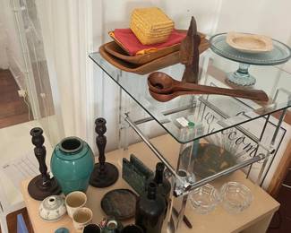 vintage goodies, glass and lucite end table, custom built wood cabintet