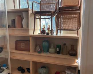 vases, pottery, custom built wood display cabinets