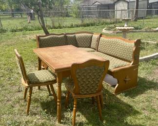 Vintage L shaped bench, table and chairs